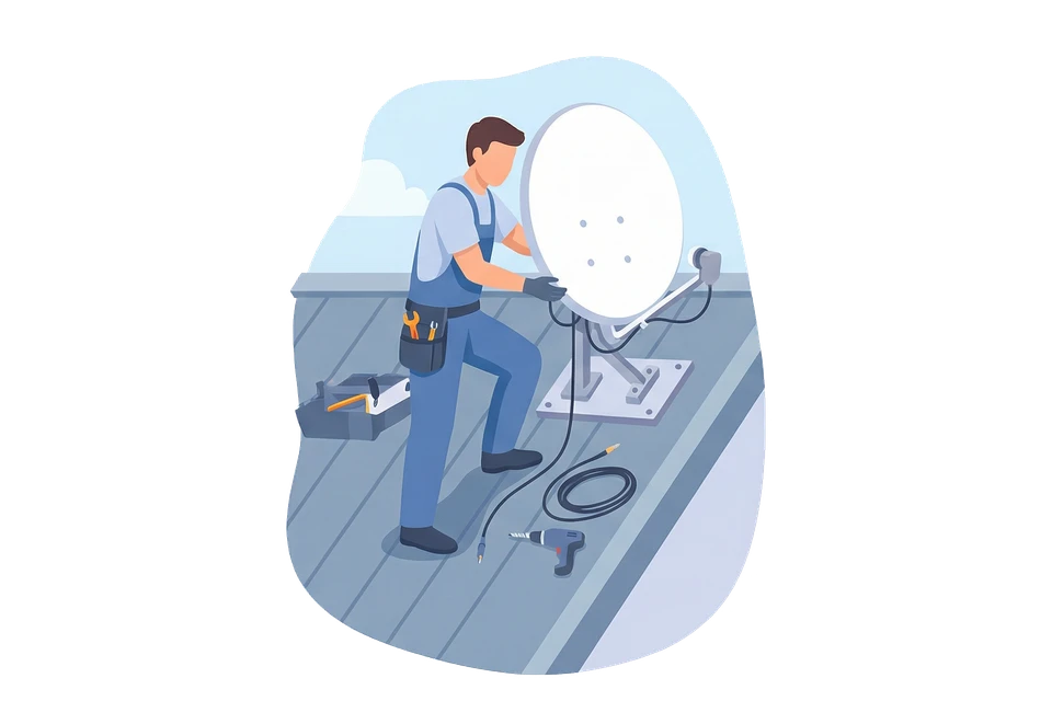 Scène extérieure sur terrasse d'immeuble avec installation d'antenne parabolique blanche